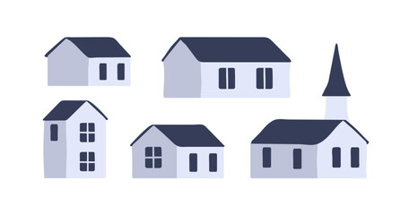 Rural houses set. Country homes, countryside church. Residential and public buildings exterior, property, real estate of small town, village. Flat vector illustrations isolated on white background