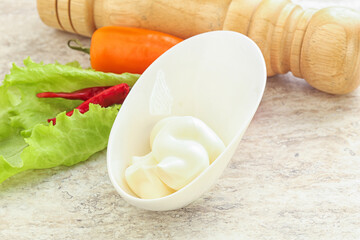 Organic mayonnaise sauce in the bowl