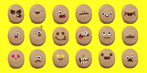 vector funny cartoon smiling potato character set isolated on yellow background. Funky Potato collection face with different expressions smiling, sad, angry, funny face. vegetable funky character set