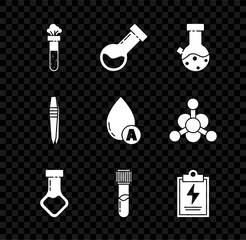 Obraz premium Set Test tube and flask chemical, Laboratory clipboard with checklist, Tweezers and Water drop icon. Vector