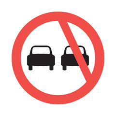 No overtaking traffic sign vector. Traffic and road warning sign. Two cars next to each other and forbidden to go. Vector. - obrazy, fototapety, plakaty