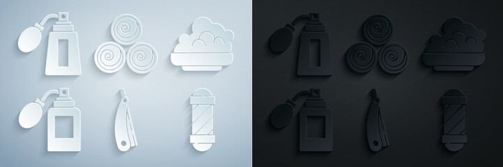 Set Straight razor, Shaving gel foam, Aftershave bottle with atomizer, Classic Barber shop pole, Towel rolls and icon. Vector