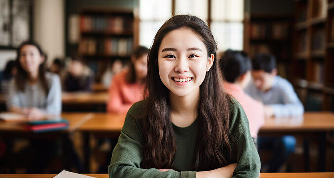 Teenage student female posing smiling in classroom. Generative AI