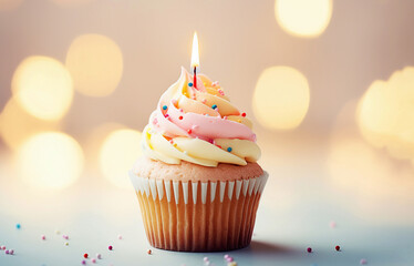  Birthday cupcake with candle, light pastel background
