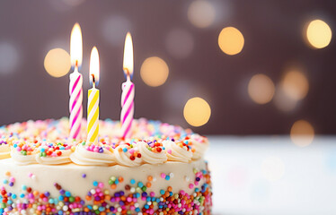  Birthday cake decorated with colorful sprinkles and candles on  light pastel background