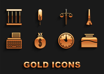 Set Money bag, Paint brush, Inkwell, Clock, Retro typewriter, Scales of justice, Prison window and Feather pen icon. Vector