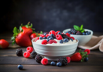 Bowl with healthy  yogurt with fresh berries