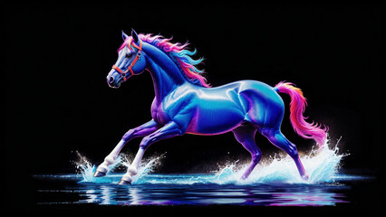 colorful abstract horse running on water with splash on back background, generative AI
