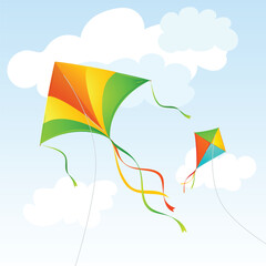 Realistic Detailed 3d Fly Kite and Clouds on a Blue Sky Summer Concept Background. Vector illustration