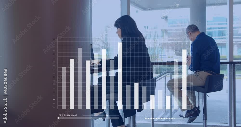 Poster Animation of statistics and data processing, diverse business people with computers