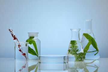 Assorted laboratory glassware equipment of seaweed in green and red color arranged with a transparent podium. Seaweed has been known to support your skin