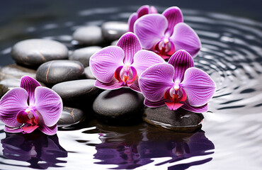 Obraz na płótnie Canvas Ai generative. Spa stones with pink orchid flowers on water .