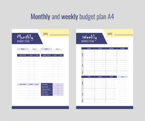 Printable monthly and weekly budget planner, vector illustration