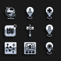 Set Road traffic sign, Gps device with map, Search location, Location, Great Bear constellation, Infographic of city, Medical cross and Earth globe icon. Vector