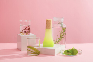 Minimalist creative background for cosmetics or products presentation. A green glass bottle placed on white podium decorated with flasks filled with different types of seaweed leaves