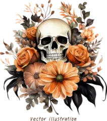 Deurstickers Aquarel doodshoofd watercolor halloween skull with flowers vector illustration