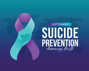 Suicide prevention awareness month text and Teal purple ribbon awareness with hand hold hand to give hope sign on dark Teal purple world map texture background vector design - obrazy, fototapety, plakaty