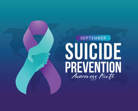 Suicide prevention awareness month text and Teal purple ribbon awareness with hand hold hand to give hope sign on dark Teal purple world map texture background vector design