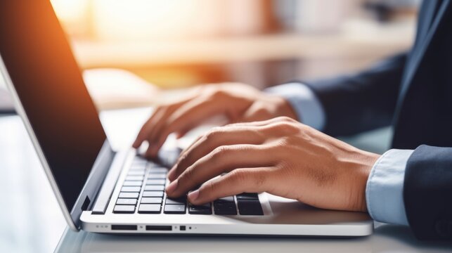 Man hands typing on computer keyboard closeup panoramic banner. AI generative.