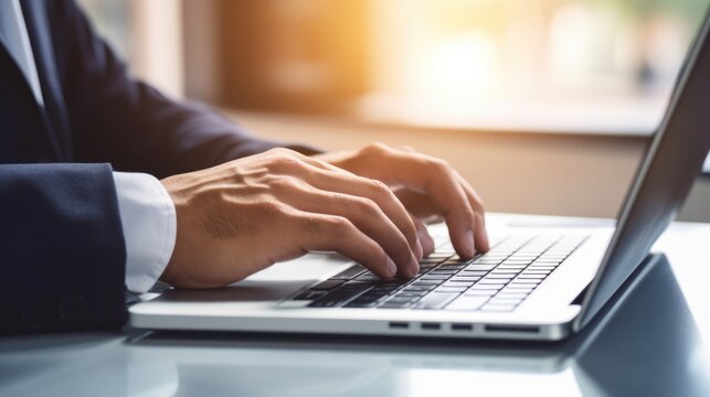 Man hands typing on computer keyboard closeup panoramic banner. AI generative.