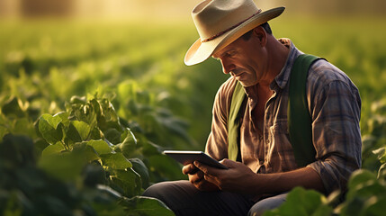 Old farmer in agricultural field looking at tablet. Smart digit farming concept