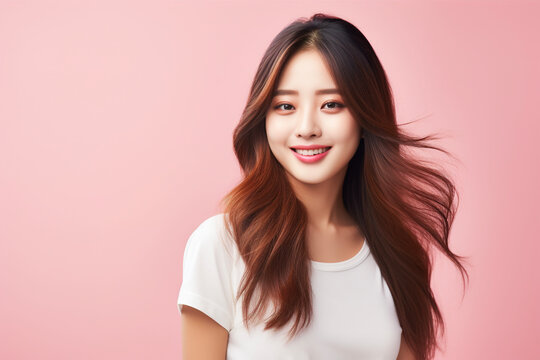 Young smiling asian woman isolated on a pink background. AI 