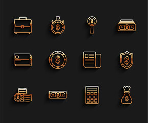 Set line Coin money with dollar symbol, Stacks paper cash, Briefcase, Calculator, Money bag, Shield and File document icon. Vector