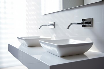 Naklejka na ściany i meble Sinks minimalist bathroom white. Generate Ai