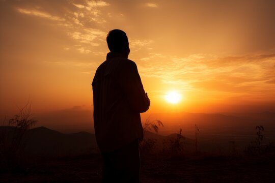 Man arms sunset nature. Generate Ai