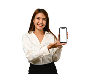 Naklejka premium Attractive young woman showing mobile phone in hand with empty screen for your advertising text message