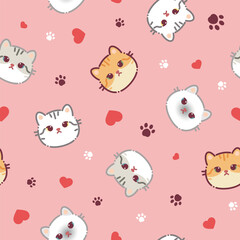 Seamless pattern of a cute different cats, hearts and animal's paws. Vector illustration on a pink background. Cartoon style flat design. Concept for children print