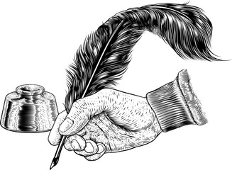 A hand holding or writing with a quill feather antique pen with ink well. In a retro vintage engraved or etched woodcut print style.