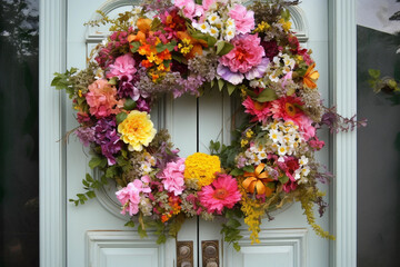 Fototapeta na wymiar Summer floral door wreath, Generative AI