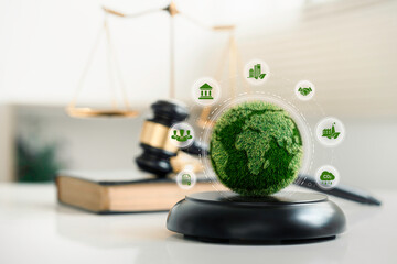 world and wooden gavel with a golden scale for law international environmental concept of business corporate and industry. law world for environmental regulation.sustainable environment concept