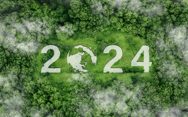 2024 New Year concept for Sustainable environment development goals on Top view of nature. SDGs, ESG, NetZero, and co2 concept.sustainability management environmental renewable energy for save world