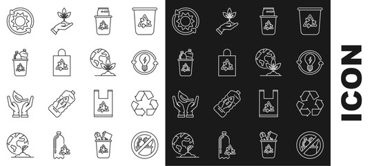 Set line No trash, Recycle symbol, and light bulb with lightning, bin recycle can, Plastic bag, Solar energy panel and Earth globe plant icon. Vector