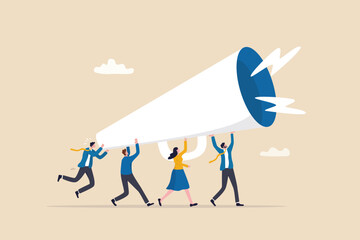 Marketing communication, announce promotion or communicate with employees, community or organization speech, loud voice or announcement concept, business people PR public relation shout on megaphone. - obrazy, fototapety, plakaty