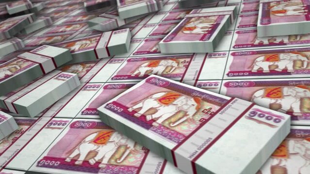 Myanmar money Burma Kyat banknote bundle loop. MMK money stacks. Concept of business, economy, banking and finance. Camera over cash packs. Loopable seamless 3d animation.