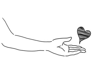 手の上にハートがある手描き線画イラスト