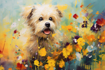 dog in flower blossom atmosphere gloden colorful oil paint
