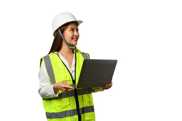 Image of engineer woman wearing safety vest and hardhat holding laptop isolated on white background