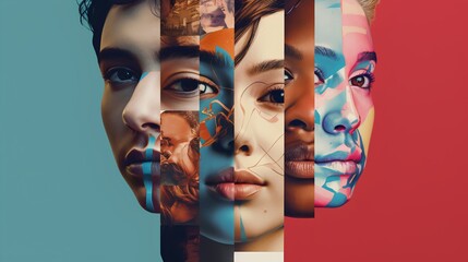 Collage of diverse people's faces, symbolizing the beauty of human diversity, inclusivity, and the unity in the mosaic of different ethnicities, races, and cultures around the world. Generative AI