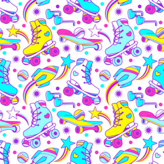 Retro Groovy teen seamless pattern with roller skate. Fun colorful print. Crazy fun 60s-70s skates aesthetic tile fabric, wrapping paper or background. Nostalgia roller skating vibe.