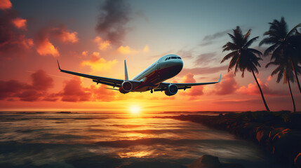 Fototapeta na wymiar Airplane taking off at sunset