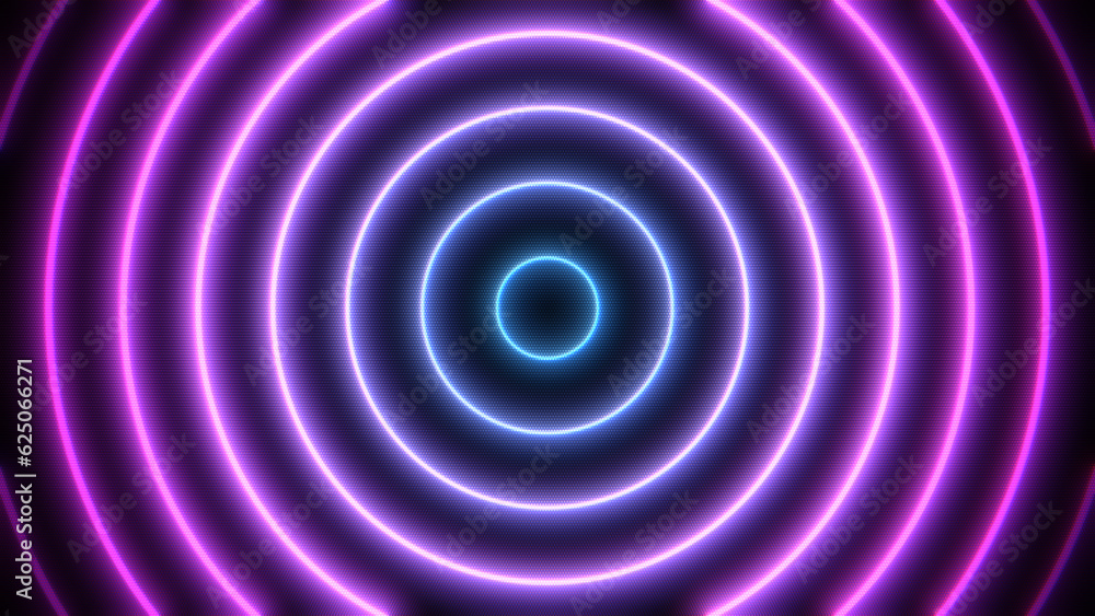 Poster glow geometric pink and blue concentric circle lines with lcd screen raster. abstract neon backgroun