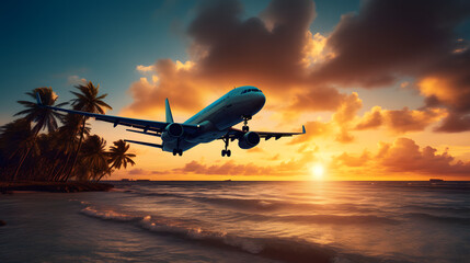 Fototapeta na wymiar Airplane taking off at sunset