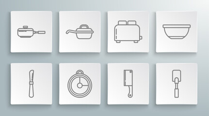 Set line Knife, Frying pan, Kitchen timer, Meat chopper, Spatula, Toaster with toasts, Bowl and icon. Vector