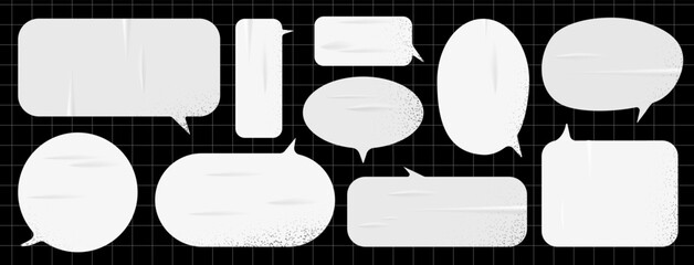 Modern grunge school sticker for collage or note. Speech bubbles with realistic texture. Png emotional message. Vector illustration. White wet paper on black grid background - obrazy, fototapety, plakaty