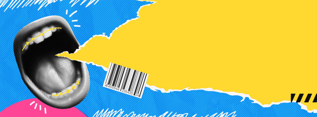 Vector collage contemporary grunge banner. Woman's mouth announcing crazy promotions. Doodle elements on retro poster. Stylish modern advertising banner design with space for text.