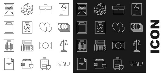 Set line Car with shield, Scales of justice, Stacks paper money cash, Briefcase, Document graph chart, Empty form, Delete file document and Heart icon. Vector